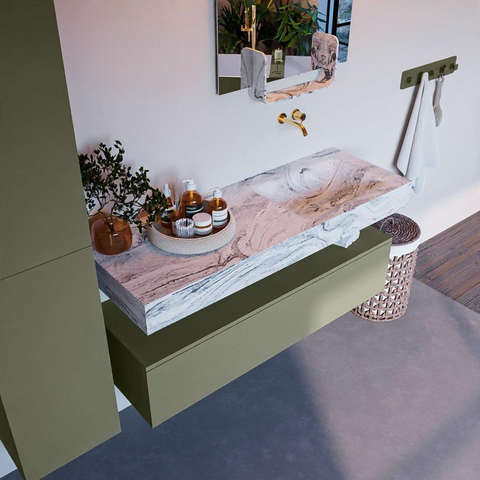 Mondiaz ALAN-DLUX Ensemble de meuble - 130cm - meuble Army mat - 1 tiroir - Lavabo Cloud Glace suspendu - vasque Droite - 0 trous de robinet SW805987