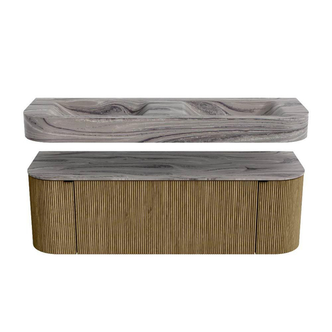MONDIAZ THOR-DLUX 140cm meuble de salle de bains arrondi gauche + droite couleur Dusk avec 1 tiroir et 2 portes. Vasque suspendue CLOUD Double sans trou de robinet couleur Sombra. SW1464358