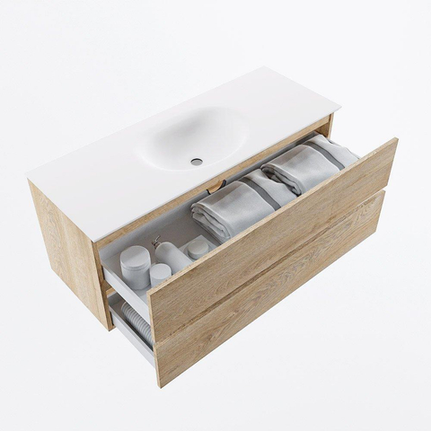 MONDIAZ VICA meuble sous lavabo 120cm Chêne blanchi 2 tiroirs. Lavabo MOON central sans trou de robinet, couleur Talc. SW1381937