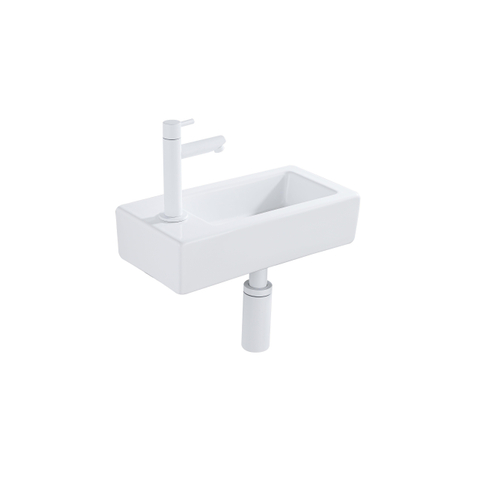 QeramiQ Fuente pack lave-mains – 37,5 x 18,5 x 9 cm – céramique blanc brillant – perçage à gauche – robinet blanc mat SW1232735