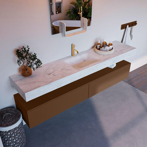 Mondiaz ALAN-DLUX Ensemble de meuble - 200cm - meuble Rust mat - 2 tiroirs - Lavabo Cloud Opalo suspendu - vasque Centre - 1 trou de robinet SW806801
