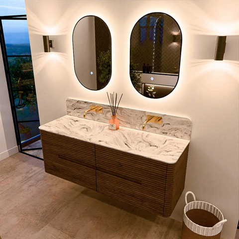 Mondiaz CIRO-DLUX Meuble de salle de bains set - 140x45x50cm - Vasque solid surface Glace - 2 bassins Double - sans perçage pour robinet - 4 tiroirs - Dusk SW1532985