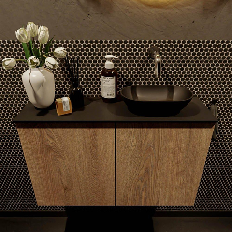 Mondiaz Fowy meuble de toilette - 80x50x23cm - chêne blanchi mat - 0 trous de robinet - lavabo à droite - 2 portes - solid surface - plan Mélamine - lavabo : noir SW761458