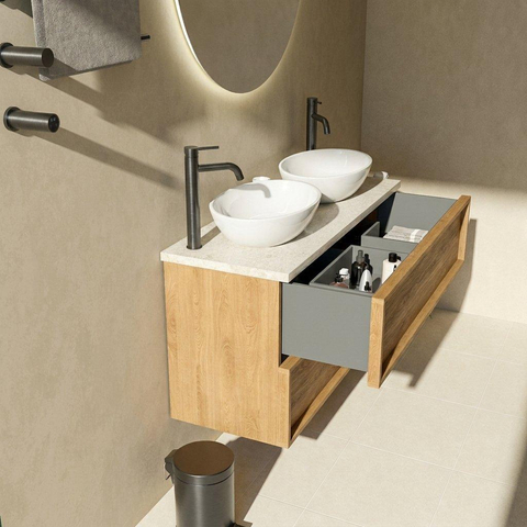 Saniclass Holz Frame Badkamermeubelset - 120x45x63cm - Travertine natuurstenen topblad - 2 kraangaten - 2 lades - mat eiken natural (hout) SW1580040