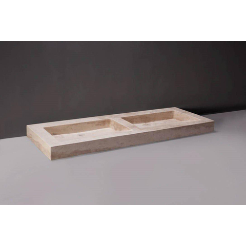 Forzalaqua Palermo Doppio wastafel 140.5x51.5x9cm Rechthoek 2 kraangaten 2 wasbakken Natuursteen Travertin gezoet OUTLETSTORE STORE45333