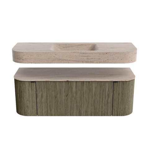 MONDIAZ THOR-DLUX 130cm badmeubel ronding links + rechts kleur Shadow met 1 lade en 2 deuren. Vrijhangende wastafel CLOUD Midden zonder kraangat kleur Saba. SW1464055