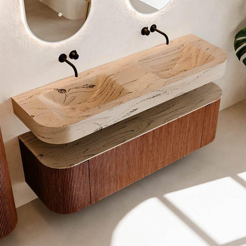MONDIAZ THOR-DLUX 150cm meuble de salle de bains arrondi gauche + droite couleur Ruby avec 1 tiroir et 2 portes. Vasque suspendue CLOUD Double sans trou de robinet couleur Arena. SW1464754