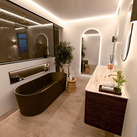 Mondiaz CIRO-DLUX Badkamermeubelset - 180x45x50cm - Solid surface wastafel Nata - 1 wasbak Rechts - 1 kraangat - 4 lades - Walnut SW1530604