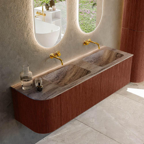 MONDIAZ KURVE-DLUX Meuble de salle de bains 155cm arrondi à gauche couleur Ruby avec 2 tiroirs et 1 porte. Lavabo LEAF Double / Droite sans trou de robinet Oza. SW1432830