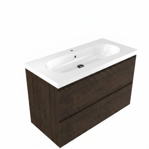Saniclass Holz Atelier Ensemble de meubles de salle de bains - 100x45x63.5cm - lavabo en céramique Palermo blanc - 1 vasque - 1 trou de robinetterie - 2 tiroirs - chêne charcoal mat (bois) SW1478611