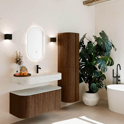 MONDIAZ THOR-DLUX Meuble de salle de bains 100cm arrondi gauche + droite couleur Walnut avec 1 tiroir et 2 portes. Vasque suspendue CLOUD Droite 1 trou de robinet couleur Opalo. SW1467380