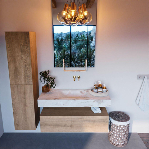 Mondiaz ALAN-DLUX Ensemble de meuble - 110cm - meuble Washed Oak mat - 1 tiroir - Lavabo Cloud Frappe suspendu - vasque Centre - 0 trous de robinet SW808603