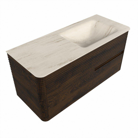 Mondiaz CIRO-DLUX Badkamermeubelset - 110x45x50cm - Solid surface wastafel Meli - 1 wasbak Rechts - zonder kraangaten - 2 lades - Walnut SW1530477