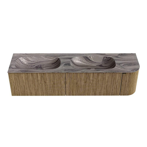 MONDIAZ KURVE-DLUX Meuble de salle de bains 175 cm arrondi à droite couleur Dusk avec 2 tiroirs et 1 porte. Lavabo STOR SMALL Double / gauche 2 trous de robinet Sombra. SW1433912
