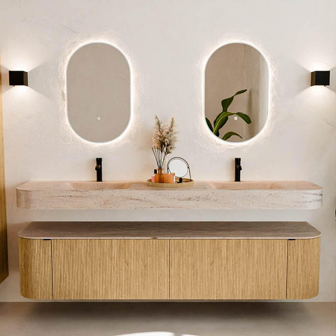 MONDIAZ THOR-DLUX Meuble de salle de bains - 200cm - arrondi gauche + droite - couleur Oak - 2 tiroirs et 2 portes - Vasque suspendue CLOUD Double 2 trous de robinet - couleur Saba SW1467216