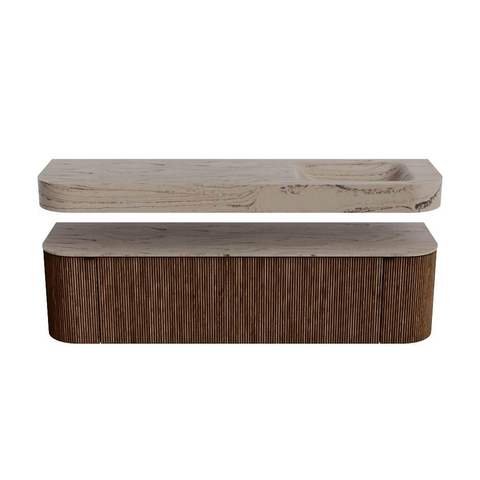 MONDIAZ THOR-DLUX 170cm meuble de salle de bains arrondi gauche + droite couleur Walnut avec 1 tiroir et 2 portes. Vasque suspendue CLOUD Droite 1 trou de robinet couleur Arena. SW1465812