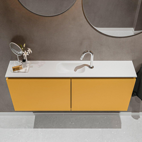 MONDIAZ TURE Toiletmeubel 120x23x50cm met 1 kraangaten 2 deuren ocher mat Wastafel Eden midden Solid Surface Wit SW475070