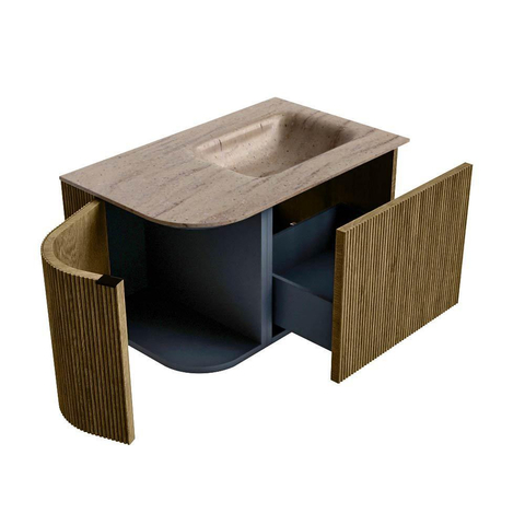 MONDIAZ KURVE-DLUX meuble de salle de bains 75cm arrondi à gauche couleur Dusk avec 1 tiroir et 1 porte. Lavabo GRUNNE à droite sans trou de robinet Saba. SW1433309