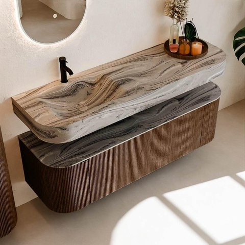 MONDIAZ THOR-DLUX 150cm meuble de salle de bains arrondi gauche + droite couleur Walnut avec 1 tiroir et 2 portes. Vasque suspendue CLOUD Gauche 1 trou de robinet couleur Sombra. SW1464913