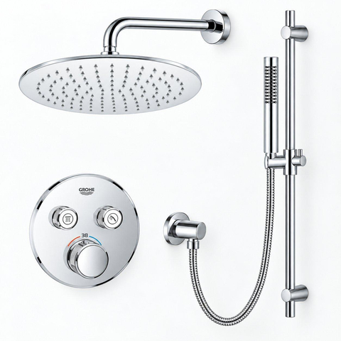 Grohe - Adema Rise regendoucheset – Ø30 cm hoofddouche – 20 cm gebogen wandarm – staafhanddouche – 2 functies – chroom SW811936