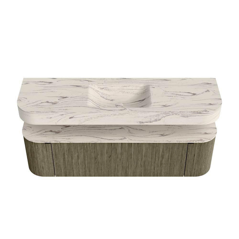 MONDIAZ THOR-DLUX 160cm meuble de salle de bains arrondi gauche + droite couleur Shadow avec 1 tiroir et 2 portes. Vasque suspendue CLOUD Milieu sans trou de robinet couleur Nata. SW1465294
