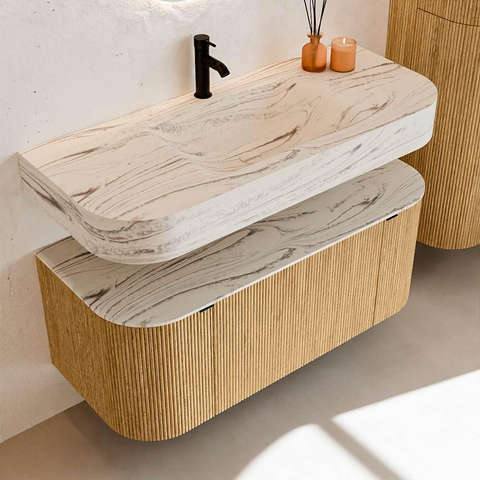 MONDIAZ THOR-DLUX 110cm badmeubel ronding links + rechts kleur Oak met 1 lade en 2 deuren. Vrijhangende wastafel CLOUD Midden 1 kraangat kleur Nata. SW1462955