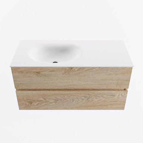 MONDIAZ VICA meuble sous lavabo 100cm Chêne blanchi 2 tiroirs. Lavabo MOON gauche sans trou de robinet, couleur Talc. SW1381851