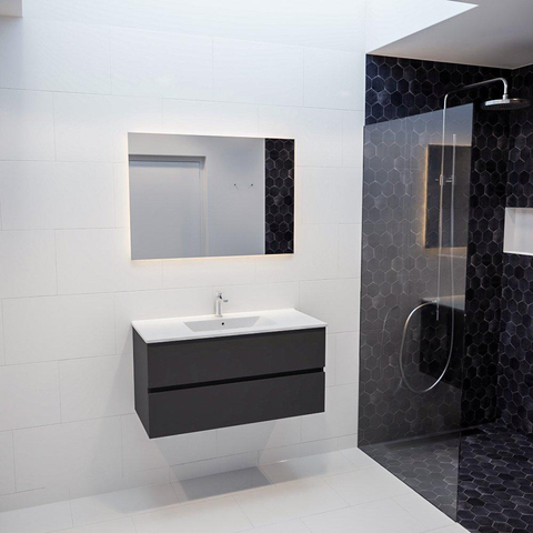 ENSEMBLE DE MEUBLE MONDIAZ VICA - 100cm - 2 tiroirs - lavabo Denia central - 1 trou de robinet - solid surface gris foncé SW409858