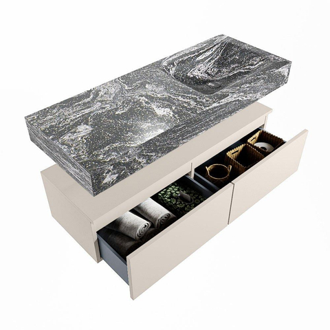 Mondiaz ALAN-DLUX Ensemble de meuble - 120cm - meuble Linen mat - 2 tiroirs - Lavabo Cloud Lava suspendu - vasque Droite - 1 trou de robinet SW808092