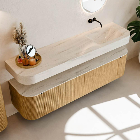 MONDIAZ THOR-DLUX 180cm meuble de salle de bains arrondi gauche + droite couleur Oak avec 2 tiroirs et 2 portes. Vasque suspendue CLOUD droite sans trou de robinet couleur Meli. SW1466155
