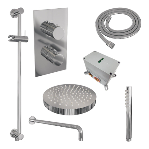 BRAUER Stripe Thermostatische Inbouw Regendouche - 3-weg - rechthoekig - SET 20 - 25cm douchekop - gebogen muurarm - staaf handdouche - doucheslang - geïntegreerde glijstang - chroom SW1434757