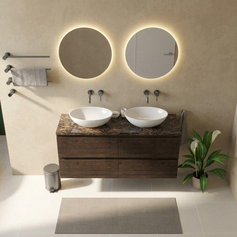 Saniclass Holz Pure Badkamermeubelset - 140x45x63cm - Noche natuurstenen topblad dark emperador - zonder kraangat - 4 lades - mat eiken charcoal (hout) SW1478320