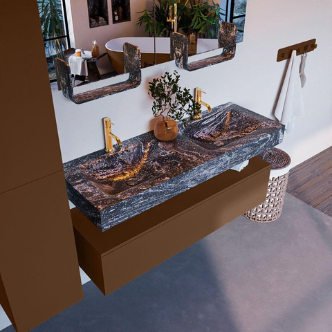 Mondiaz ALAN-DLUX Ensemble de meuble - 130cm - meuble Rust mat - 1 tiroir - Lavabo Cloud Lava suspendu - vasque Gauche et droite - 2 trous de robinet SW808387