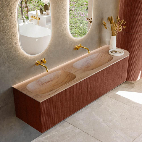 MONDIAZ KURVE-DLUX 175cm meuble de salle de bains avec arrondi à droite couleur Ruby avec 2 tiroirs et 1 porte. Lavabo STOR SMALL Double / gauche sans trou de robinet Saba. SW1433516