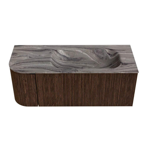 MONDIAZ KURVE-DLUX 115cm badmeubel ronding Links kleur Walnut met 1 lade en 1 deur. Wastafel BIG SMALL Rechts zonder kraangat Sombra. SW1433660