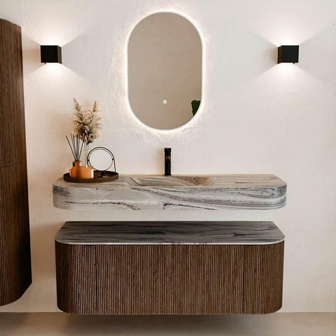 MONDIAZ THOR-DLUX 130cm meuble de salle de bains arrondi gauche + droite couleur Walnut avec 1 tiroir et 2 portes. Vasque suspendue CLOUD Milieu 1 trou de robinet couleur Sombra. SW1464063