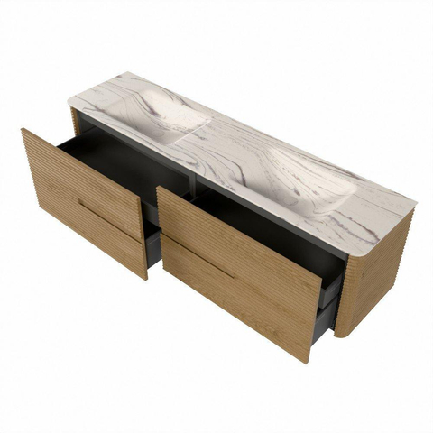 Mondiaz CIRO-DLUX Badkamermeubelset - 180x45x50cm - Solid surface wastafel Nata - 2 wasbak Dubbel - zonder kraangaten - 4 lades - Oak SW1531520