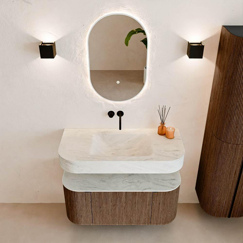 MONDIAZ THOR-DLUX Meuble de salle de bains 100cm arrondi gauche + droite couleur Walnut avec 1 tiroir et 2 portes. Vasque suspendue CLOUD Centre sans trou de robinet couleur Opalo. SW1467375
