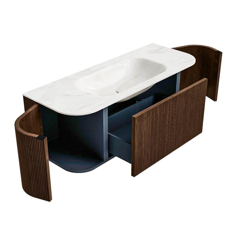 MONDIAZ KURVE-DLUX Meuble de salle de bains 120 cm avec module 25 Len R couleur Walnut avec 1 tiroir et 2 portes. Lavabo BIG SMALL central sans trou de robinet couleur Ostra. SW1137826