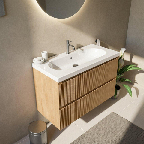 Saniclass Holz Atelier Ensemble de meubles de salle de bains - 100x45x63.5cm - lavabo en céramique Palermo blanc - 1 vasque - 1 trou de robinetterie - 2 tiroirs - chêne natural mat (bois) SW1478616