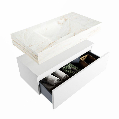 Mondiaz ALAN-DLUX Ensemble de meuble - 90cm - meuble Talc mat - 1 tiroir - Lavabo Cloud Frappe suspendu - vasque Centre - 0 trous de robinet SW804921