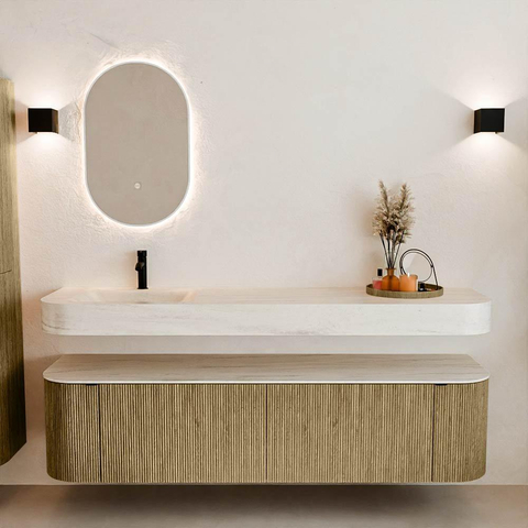 MONDIAZ THOR-DLUX 180cm meuble de salle de bains arrondi gauche + droite couleur Dusk avec 2 tiroirs et 2 portes. Vasque suspendue CLOUD Gauche 1 trou de robinet couleur Meli. SW1466182