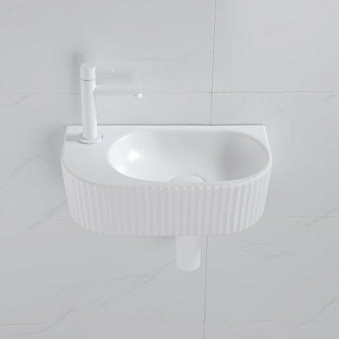 QeramiQ Fuente pack lave-mains – 40 x 21,5 x 12 cm – perçage à gauche – robinet blanc mat – cannelé SW1233008