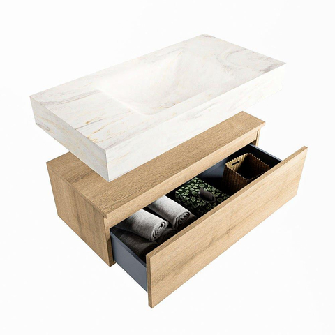Mondiaz ALAN-DLUX Ensemble de meuble - 90cm - meuble Washed Oak mat - 1 tiroir - Lavabo Cloud Ostra suspendu - vasque Centre - 0 trous de robinet SW808941