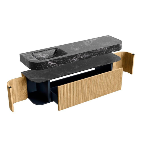 MONDIAZ THOR-DLUX 170cm badmeubel ronding links + rechts kleur Oak met 1 lade en 2 deuren. Vrijhangende wastafel CLOUD Links zonder kraangat kleur Lava. SW1465460