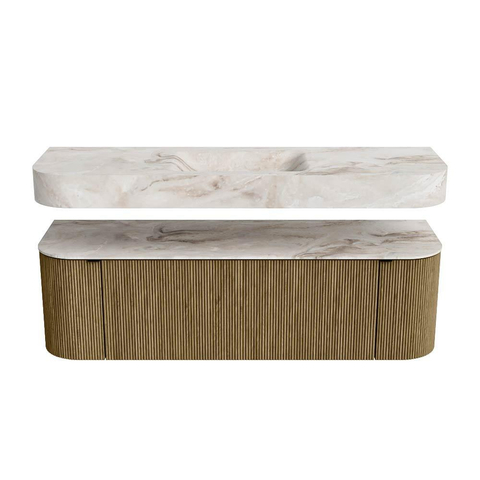 MONDIAZ THOR-DLUX 150cm meuble de salle de bains arrondi gauche + droite couleur Dusk avec 1 tiroir et 2 portes. Vasque suspendue CLOUD Milieu 1 trou de robinet couleur Frappe. SW1464490