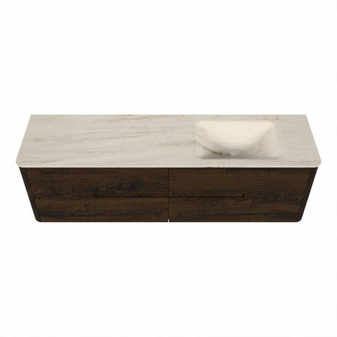 Mondiaz CIRO-DLUX Meuble de salle de bains - 170x45x50cm - Plan vasque Solid surface Meli - 1 vasque à droite - sans trous de robinet - 4 tiroirs - Noyer SW1530541