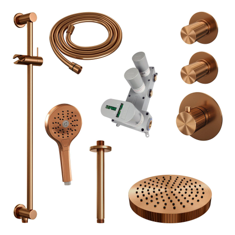 BRAUER Stripe Thermostatische Inbouw Regendouche - SET 12 - 25cm douchekop - plafondarm - 3-standen handdouche - doucheslang - geïntegreerde glijstang - koper geborsteld PVD SW1434924