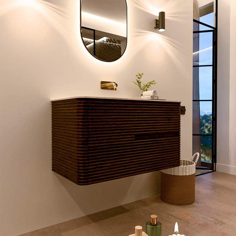 Mondiaz CIRO-DLUX Badkamermeubelset - 90x45x50cm - Solid surface wastafel Meli - 1 wasbak Midden - zonder kraangaten - 2 lades - Walnut SW1530466