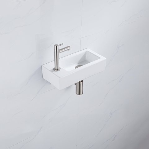QeramiQ Fuente fonteinset – 37.5x18.5x9 cm – keramiek wit glans – kraangat links – kraan geborsteld RVS SW1232743